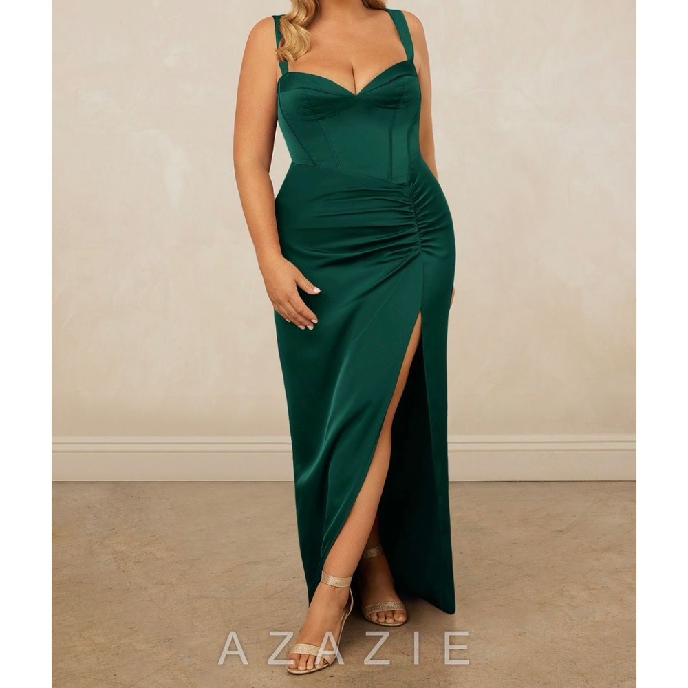 Christian Siriano Azazie Emerald Green Stretch Satin Corset Bridal Maxi Dress 16